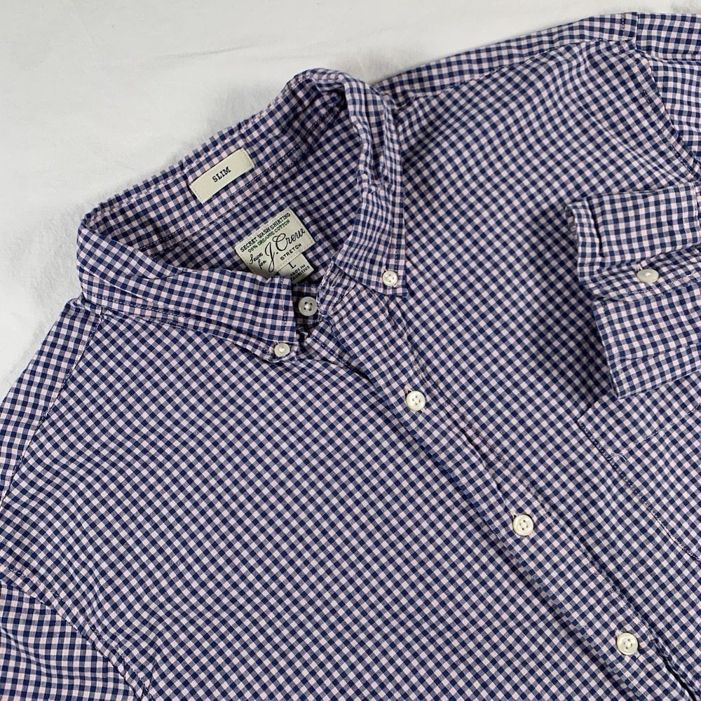 J Crew Mens Slim Fit Large‎ Blue Pink Gingham Organic Cotton Button Up L/S Shirt